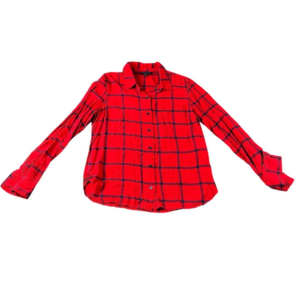 Tommy Hilfiger Womens Red Navy Blue Plaid Viscose Button Down Shirt Small S/P